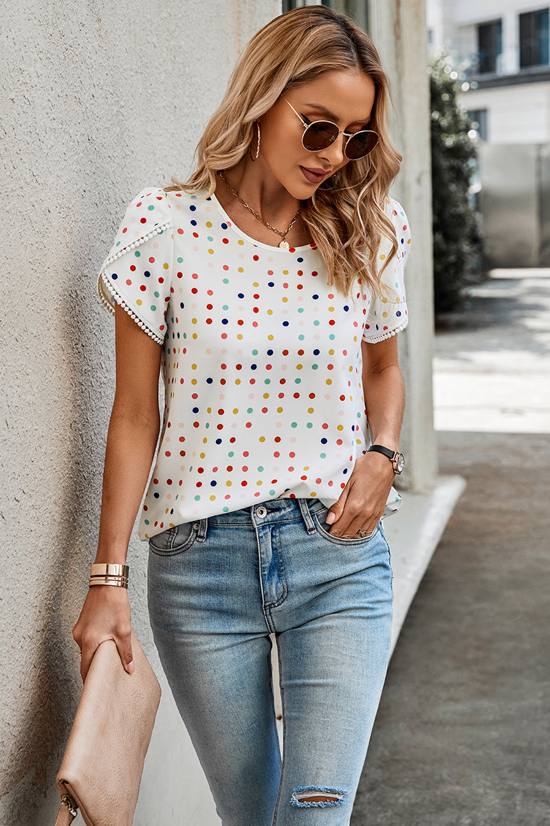 Lace Sleeves Color Polka Dot Scoop Neck Blouse