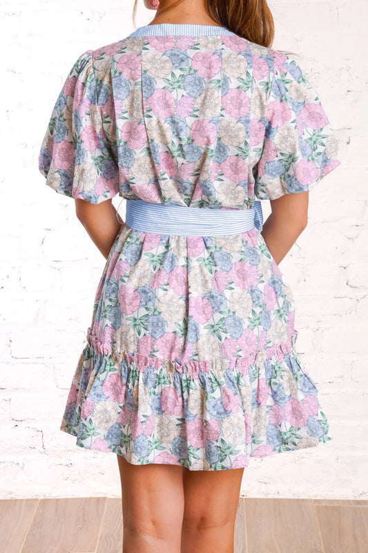 White Floral Print Striped Contrast Trim Belted Short Dress