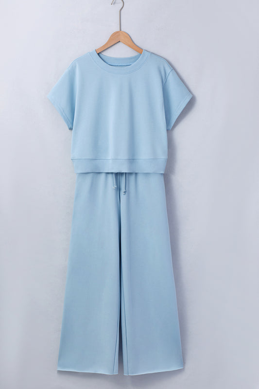 Mist Blue Solid Color Loose Tee Drawstring Wide Leg Pants 2pcs Outfit