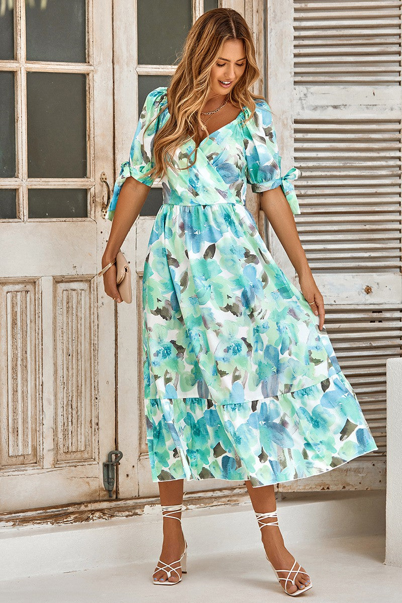 Floral Print V Neck Cross Front Midi Dress