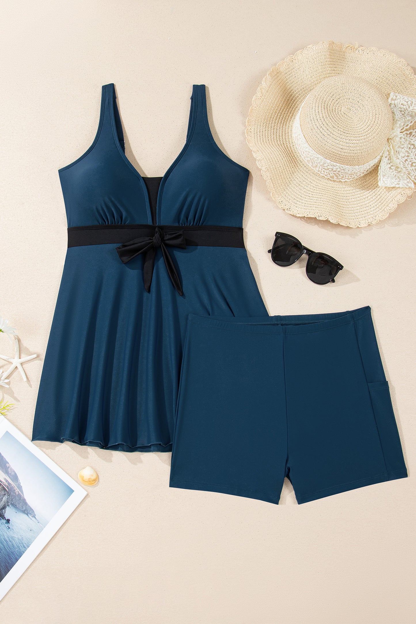 Rose Red Color Block Patchwork Bow Knot Detail Sleeveless Swim Dress