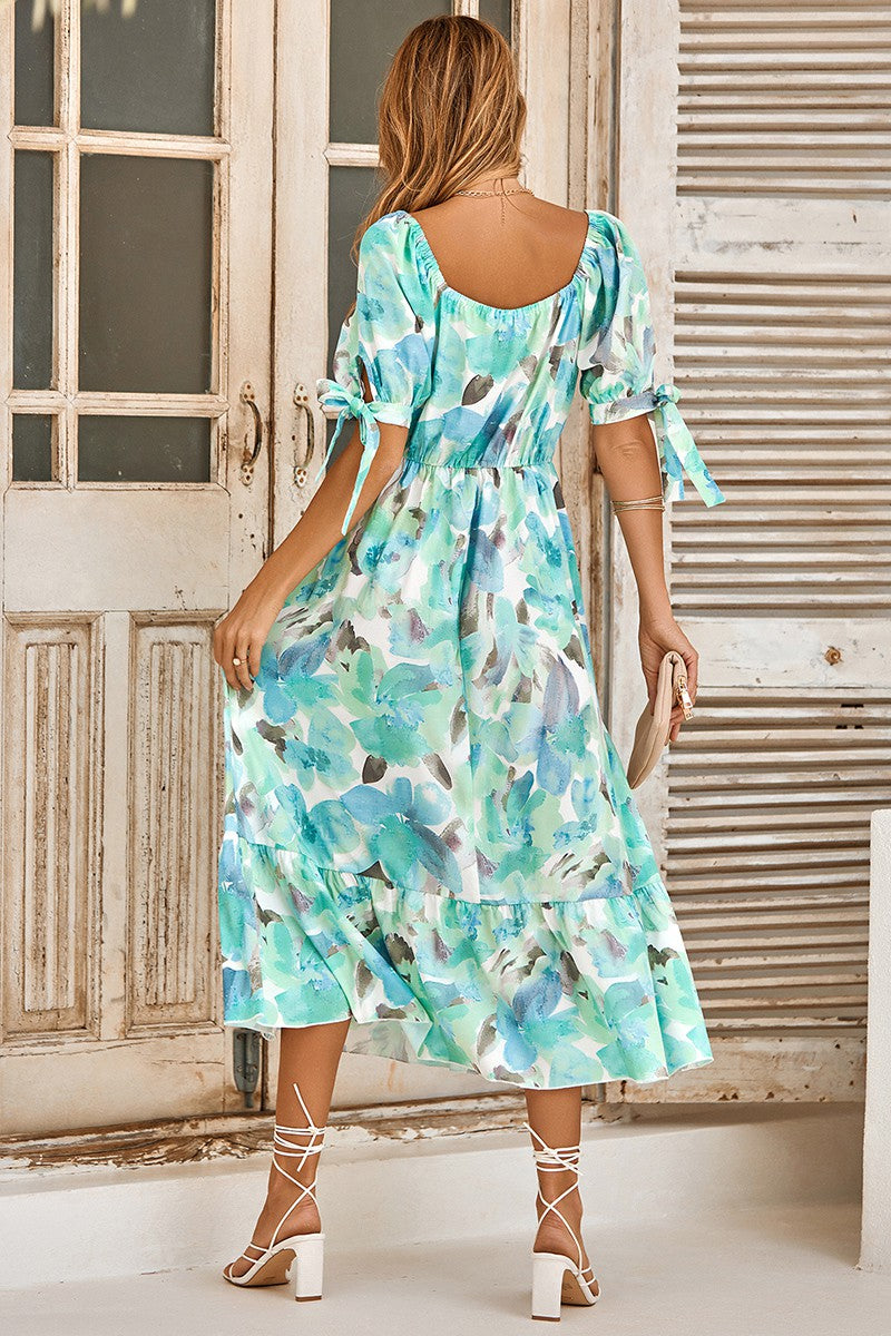 Floral Print V Neck Cross Front Midi Dress