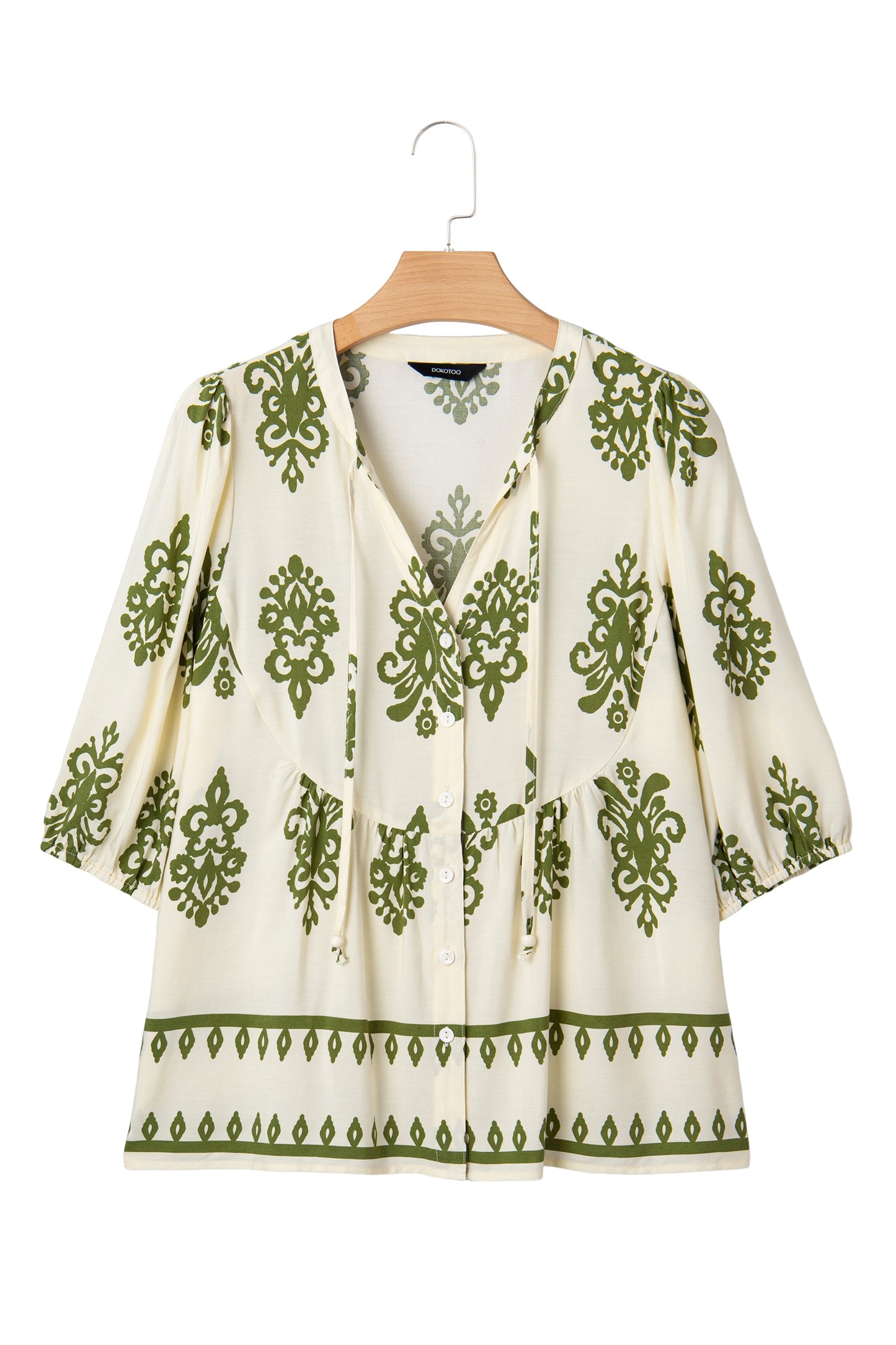 Apricot Floral Print Tie V Neck Button Down Puffy Half Sleeve Shirt