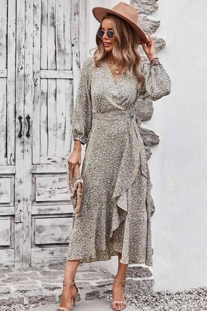 Ditsy Floral Vneck Ruffled Hem Wrap Midi Dress