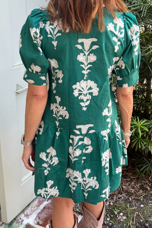 Frilled V Neck Puff Short Sleeve Floral Mini Dress