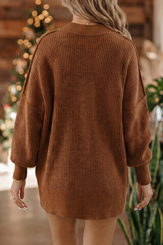 Long Sleeve Ribbed Knit Stand Neck Regular Fit Sweater