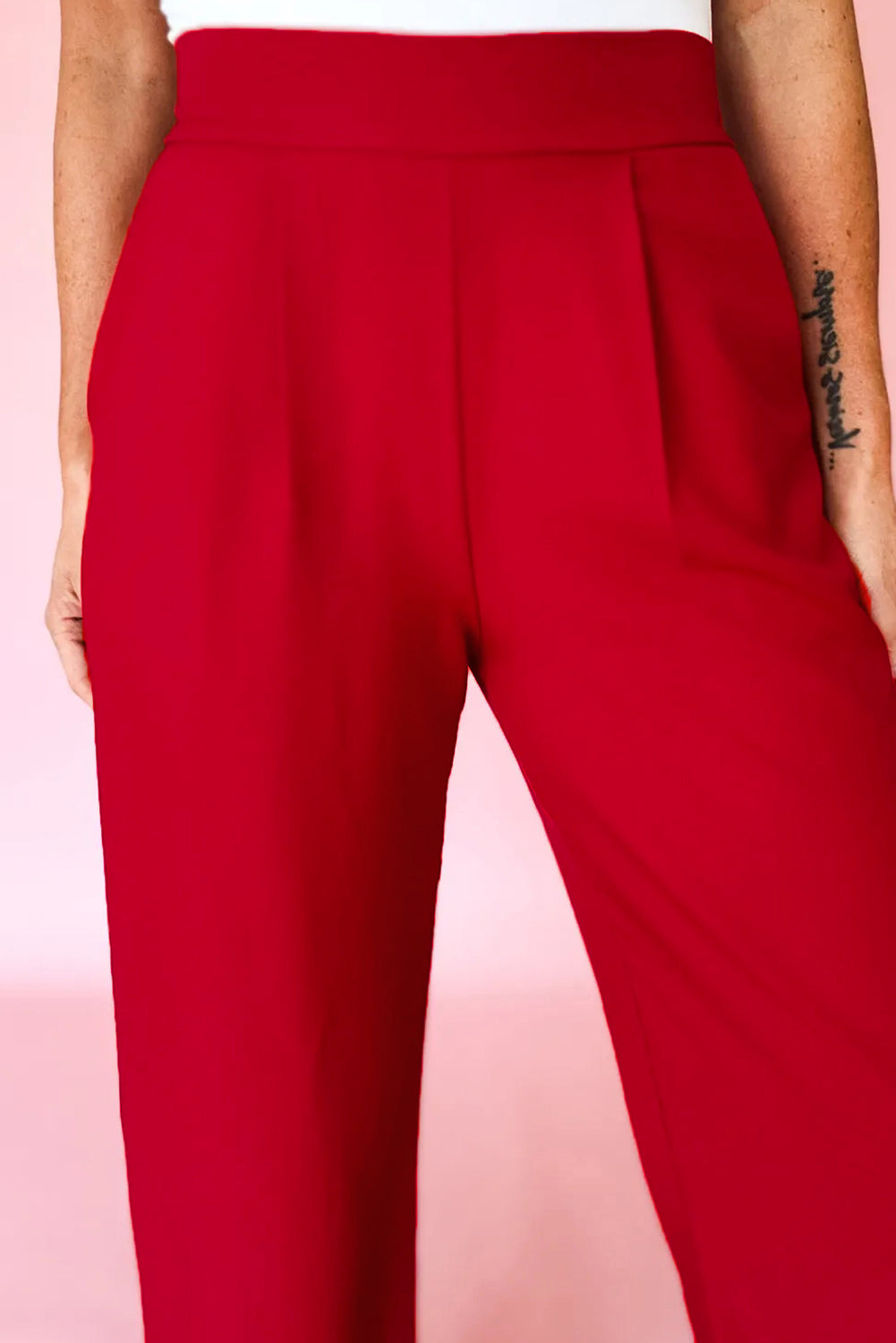 Pleated Detail Pull On High Elastic Waist Loose Straight Pants