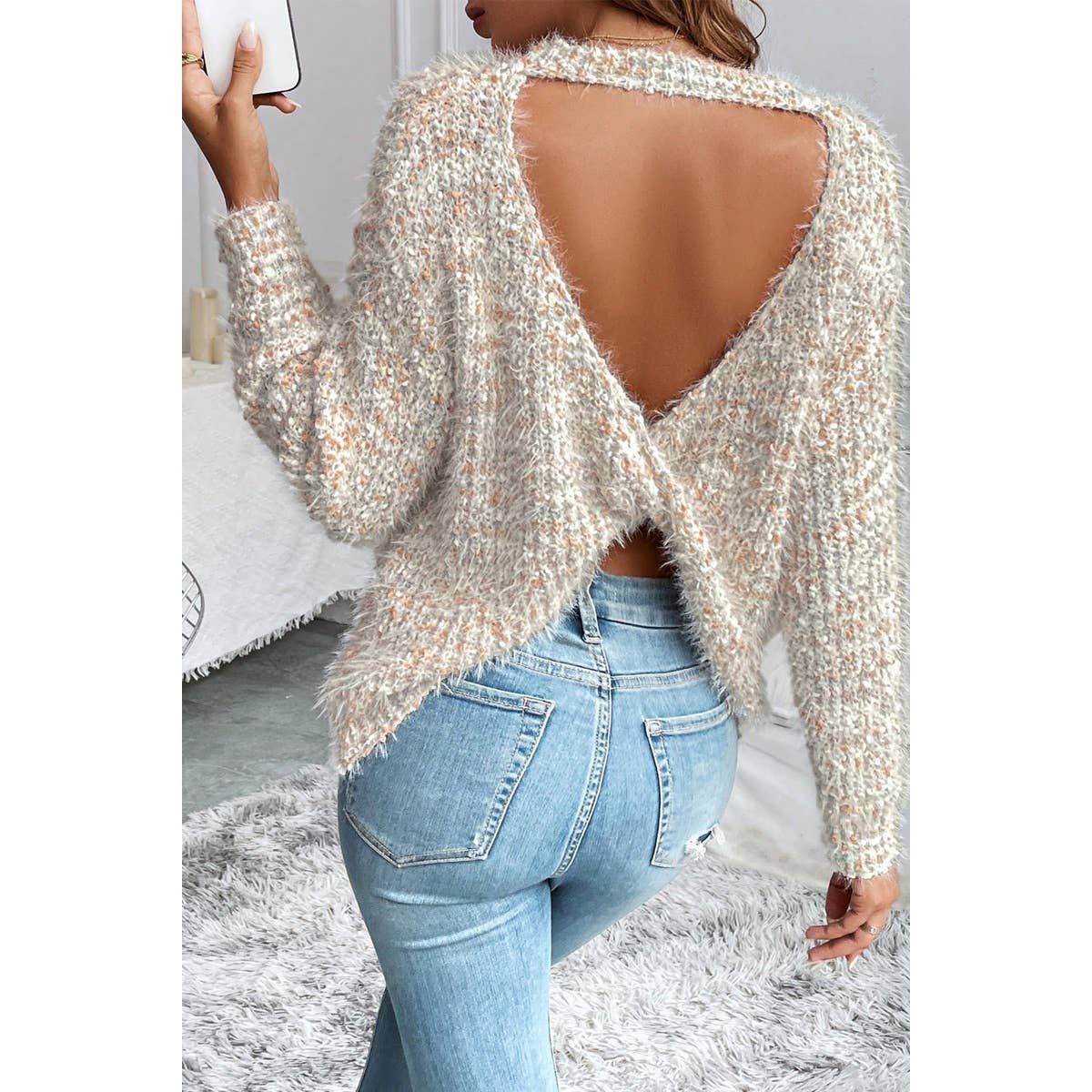 Knit Round Neck Drop Shoulder Back Cutout Sweater