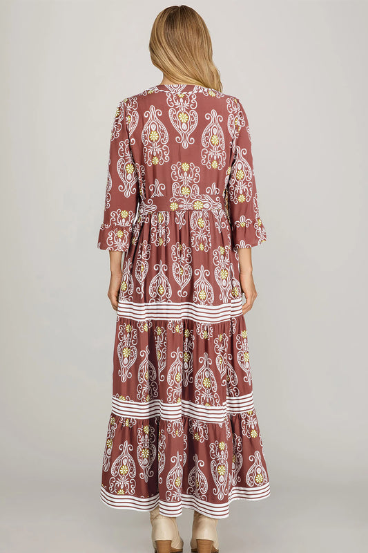 Brown Floral Print Belted Striped Trim Tiered Maxi Dress
