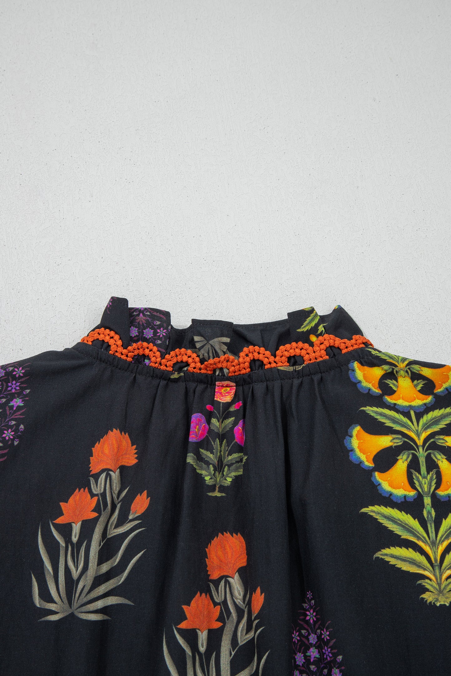 Black Floral Print Lace Trim Frilled V Neck Short Sleeve Shirt