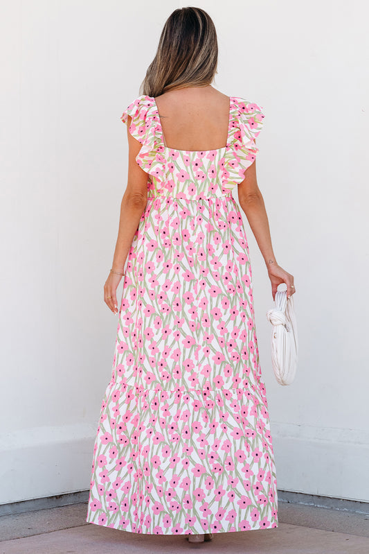 Floral Print Square Neck Ruffled Strap Maxi Dress