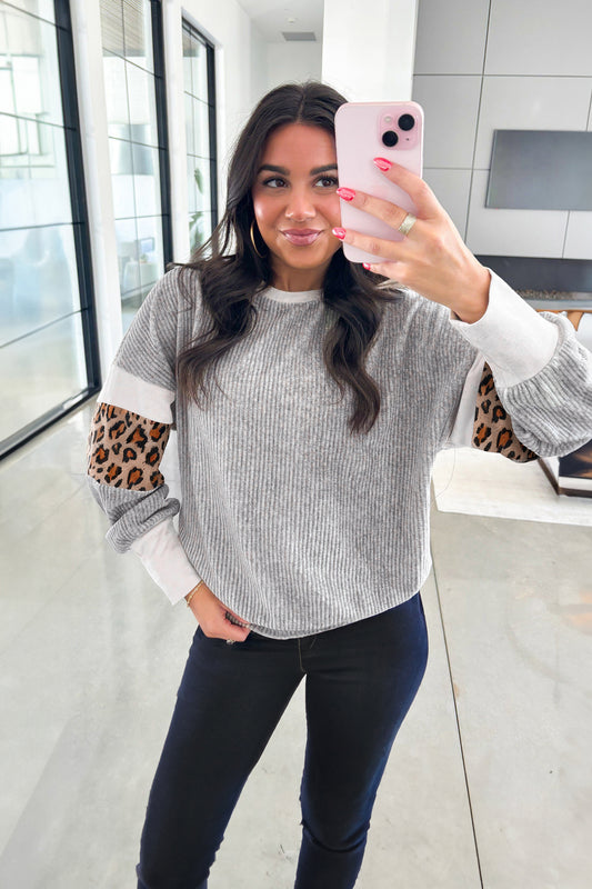 Gray Leopard Print Colorblock Patchwork Ribbed Knit Top