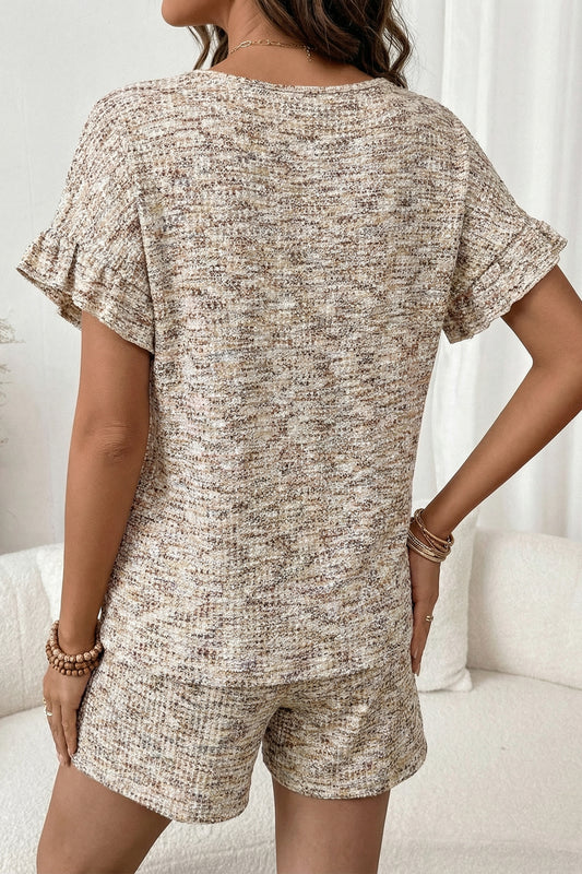 Pale Khaki Heather Textured Ruffle Sleeve Top and Drawstring Shorts Set