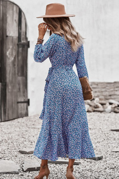 Ditsy Floral Vneck Ruffled Hem Wrap Midi Dress