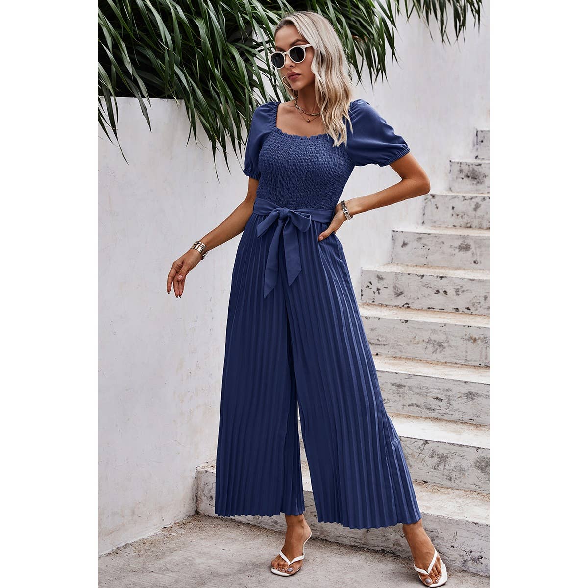 Solid Pleated Hem Belted Wide Leg Jumpsuit | Jumpsuit - Women's | jumpsuit | Elings