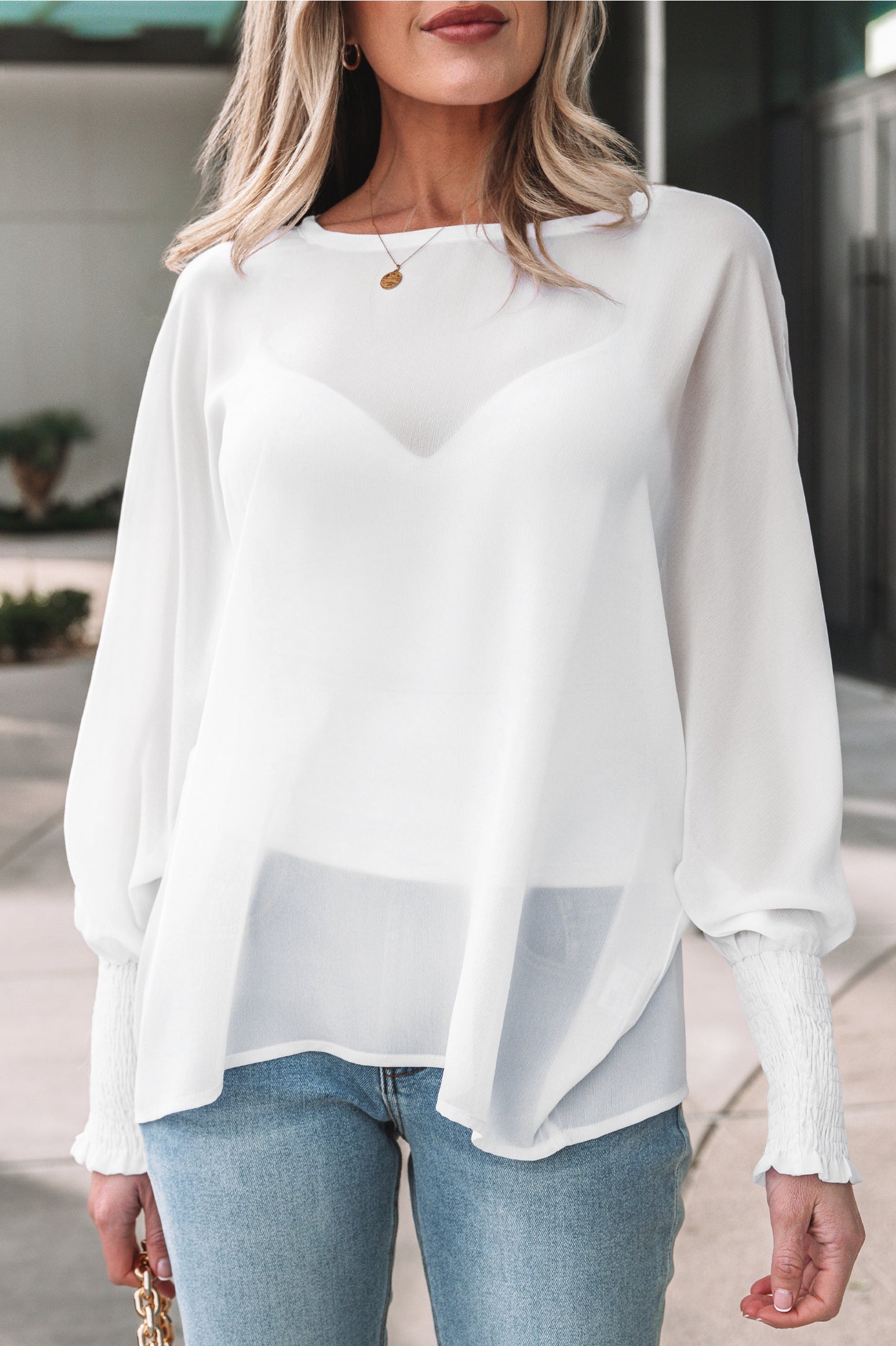 White Smocked Cuffs Semi Sheer Long Sleeve Dolman Blouse