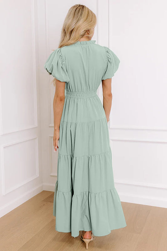 Solid Color V Neck Short Puff Sleeve High Waist Tiered Maxi Dress