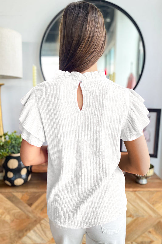 Solid Color Textured Ruffle Trim Short Sleeve Blouse