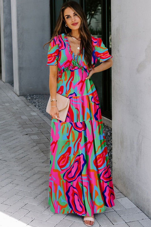 Multicolor Fiery Floral Print Frilled V Neck Short Sleeve Maxi Dress