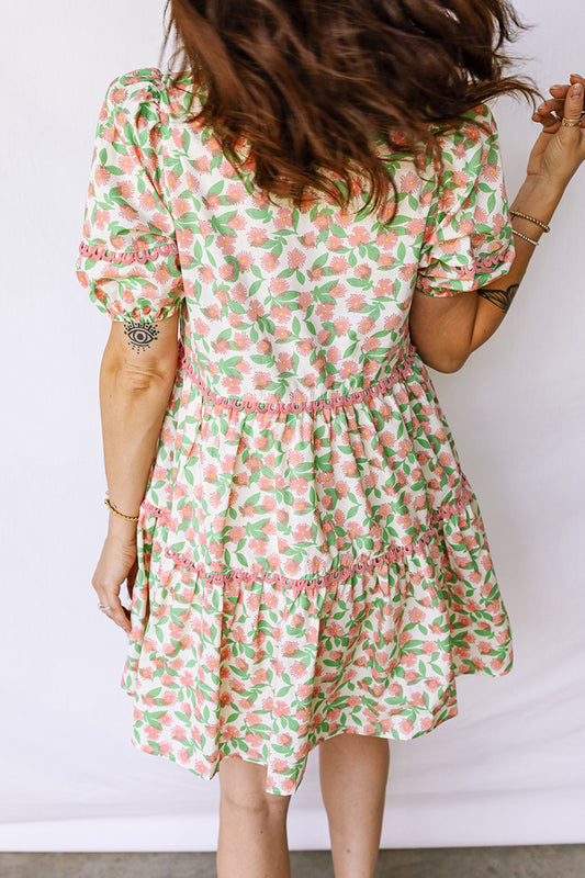 Green Contrast Neckline Ricrac Trim Floral Short Puff Sleeve Dress