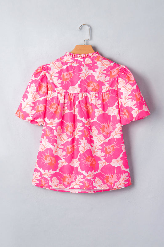 Short Bubble Sleeve Summer Floral Blouse
