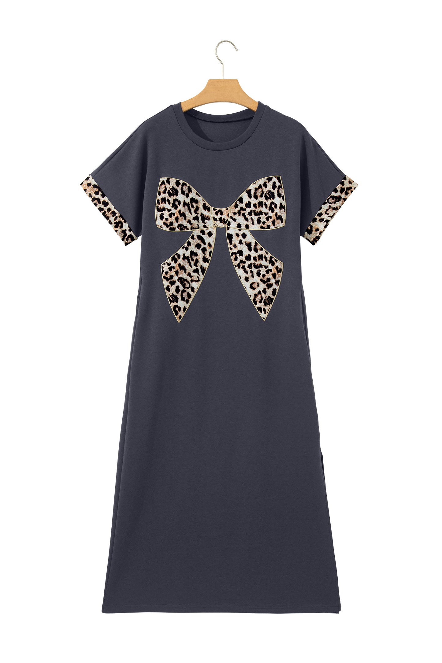 Contrast Leopard Bow Patched Short Sleeve T Shirt Long Dress
