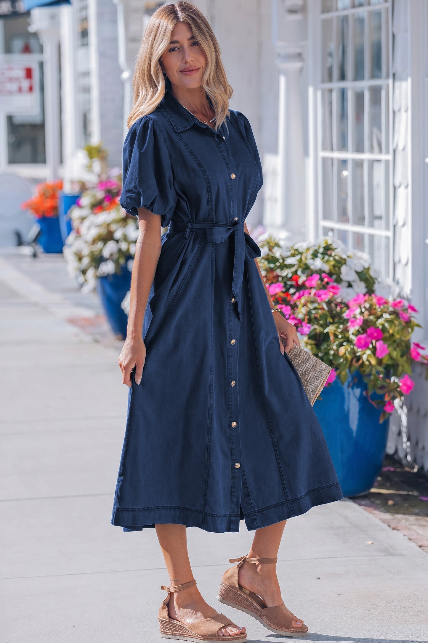 Full Buttons Collared Short Bubble Sleeve Long Denim Dress