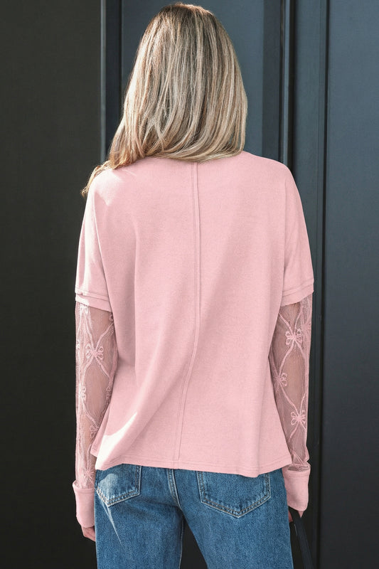 Solid Color Bow Textured Patchwork Long Sleeve Tee