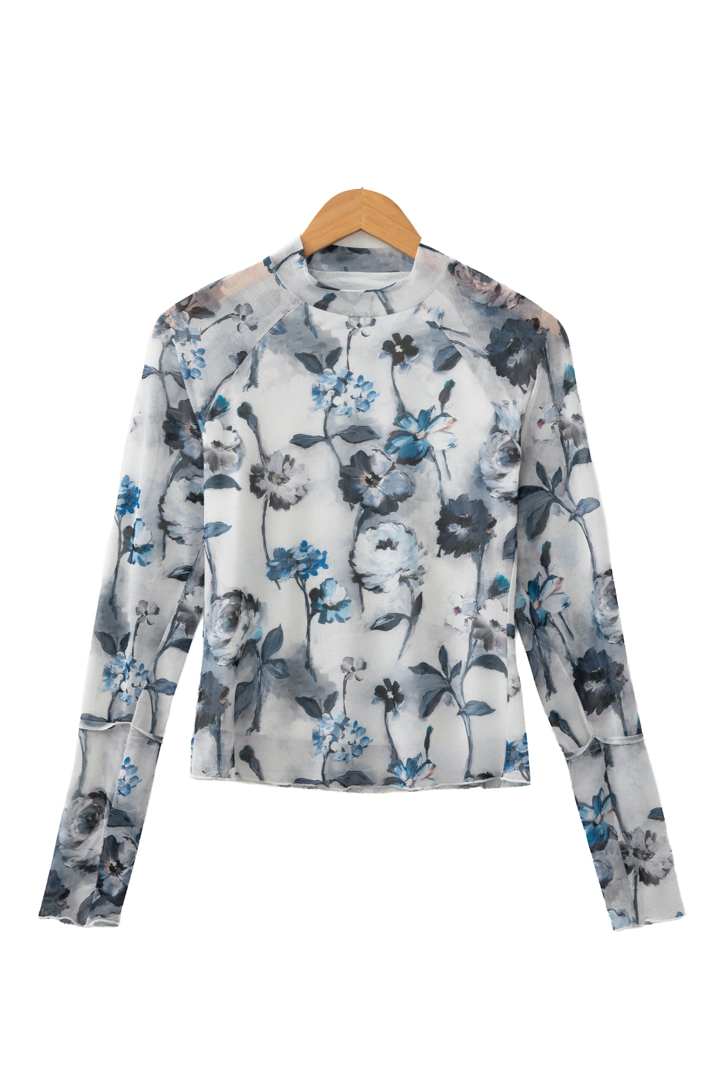 Sky Blue Floral Mesh High Neck Long Sleeve Sheath Top