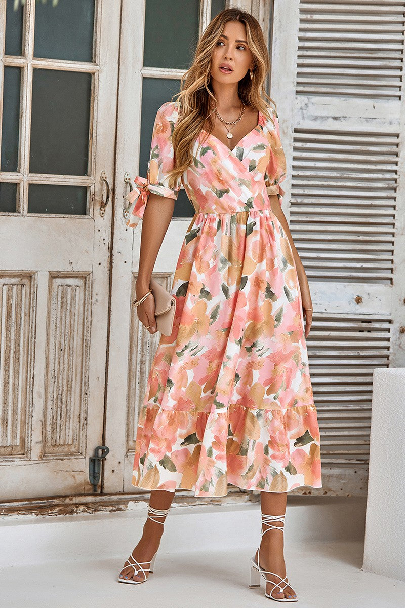 Floral Print V Neck Cross Front Midi Dress
