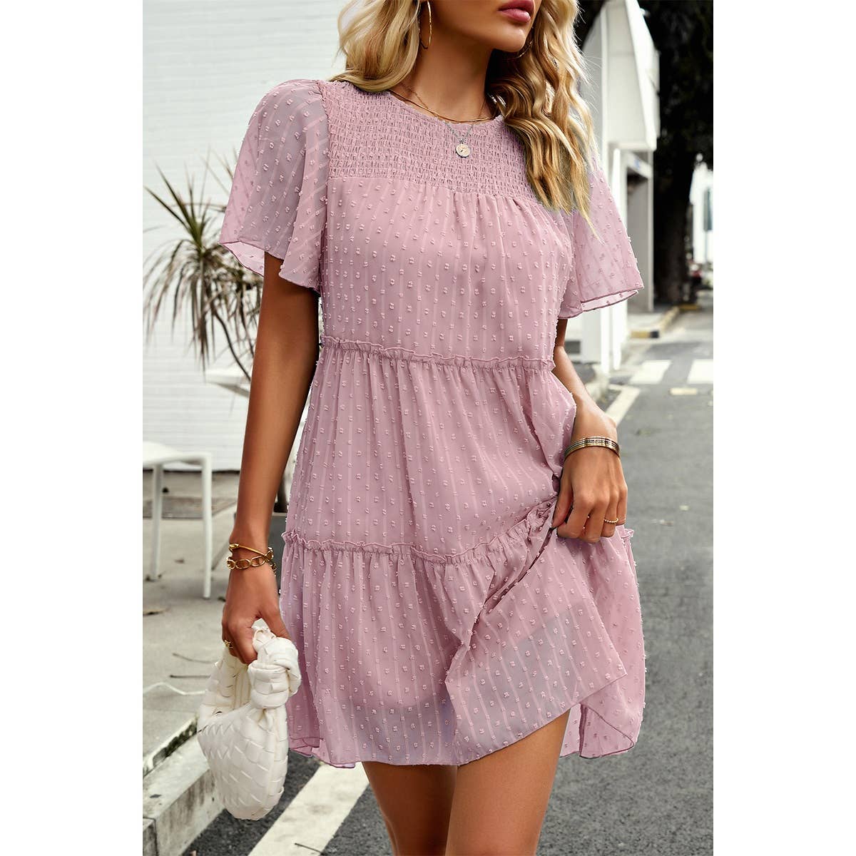 Ruched Color Block Dot Lined Solid Loose Fit Dress | Dress - Women's | above the knee, Dress, LK | Elings