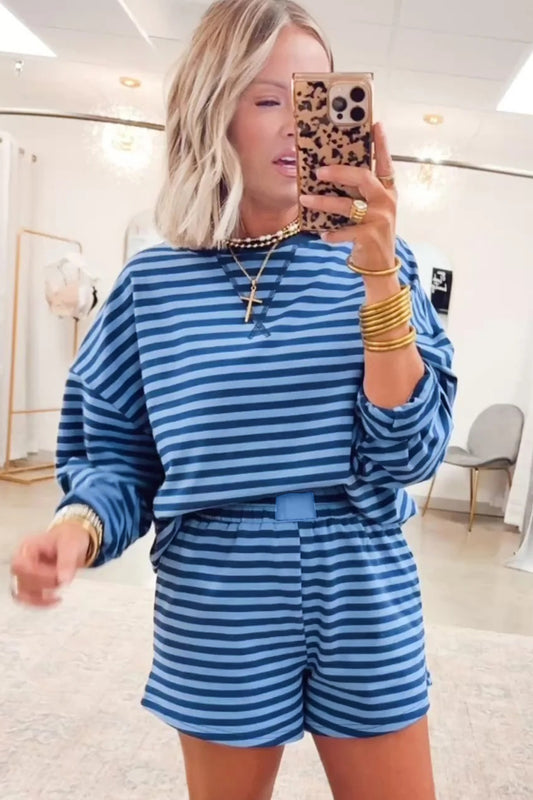 Blue Stripe Drop Shoulder Long Sleeve Pullover Elastic Waist Casual Short Set
