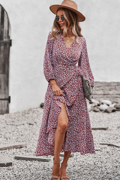 Ditsy Floral Vneck Ruffled Hem Wrap Midi Dress