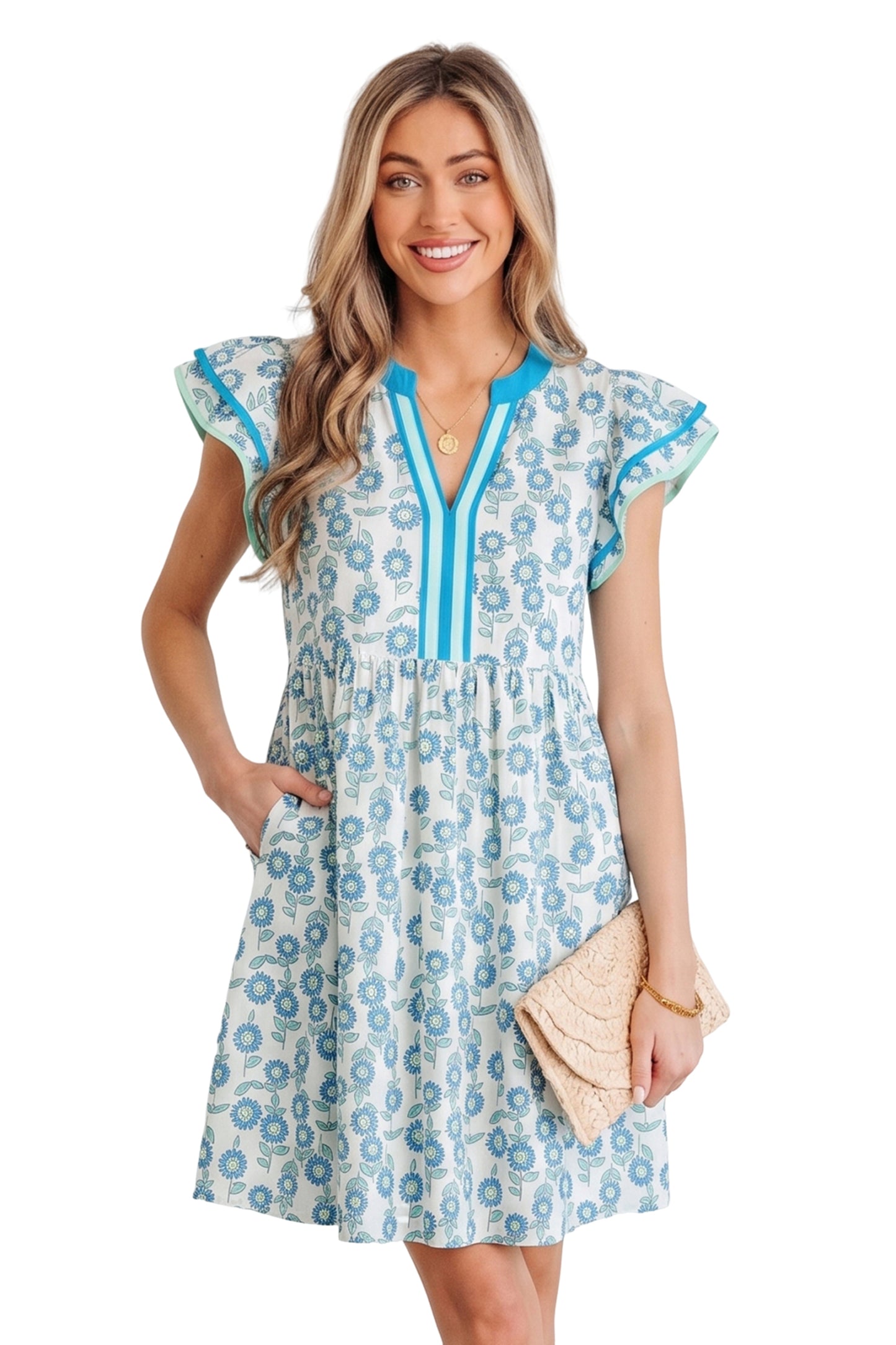 Floral Print Contrast Trim Flutter Sleeve Mini Dress