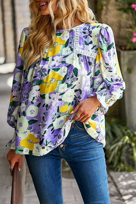 Floral Print Color Block Lace Blouse Top