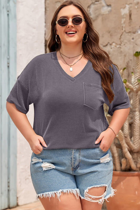 Textured V-Neck Dropped Shoulder Plus T-Shirt