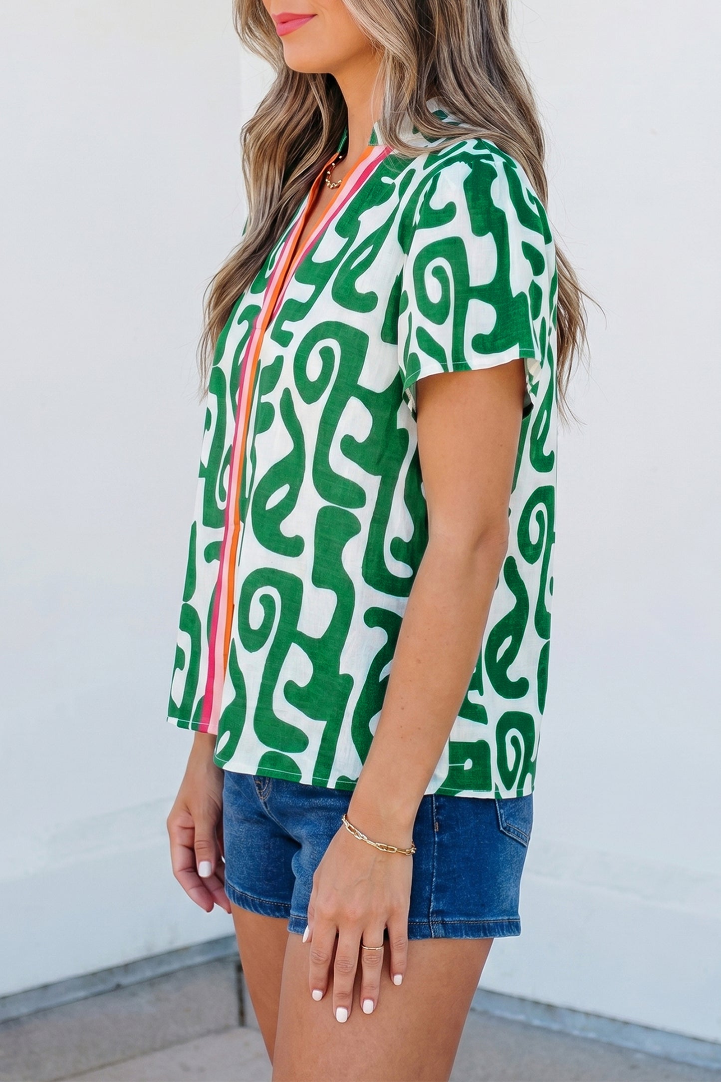 Abstract Print Striped Trim V Neck Short Sleeve Blouse