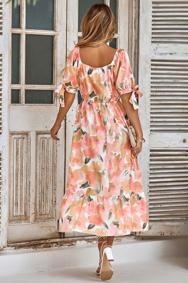Floral Print V Neck Cross Front Midi Dress