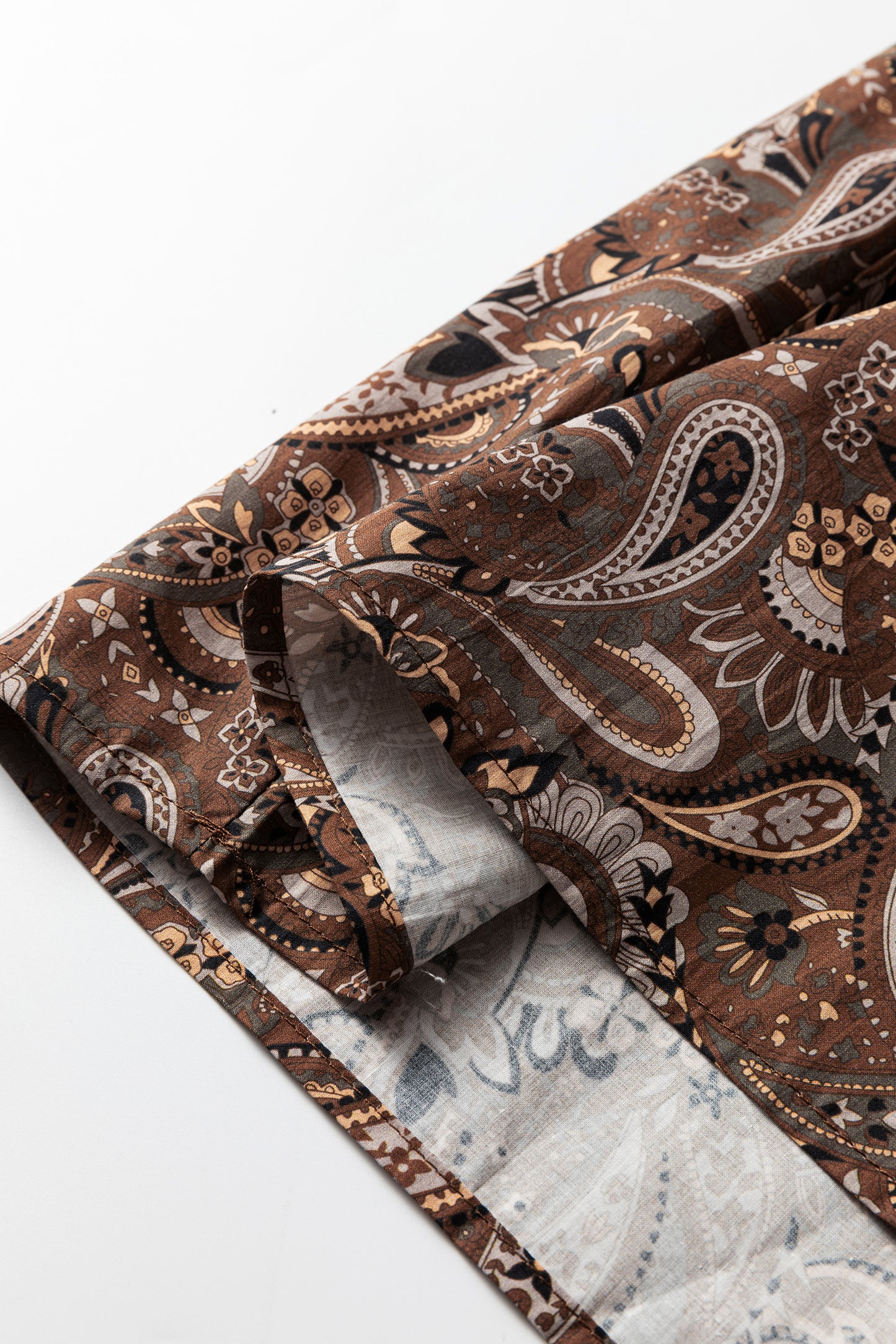 Brown Paisley Print Half Buttons Puff Sleeve Flowy Short Dress