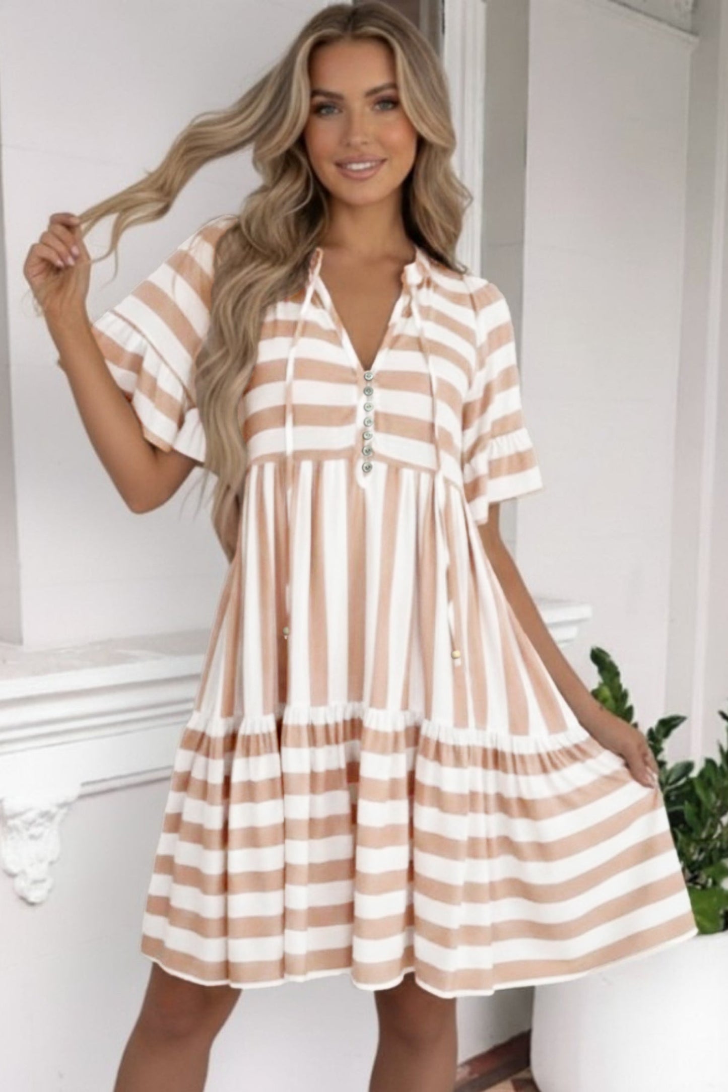 Stripe Tie V Neck Ruffle Trim Short Sleeve Flared Summer Dress