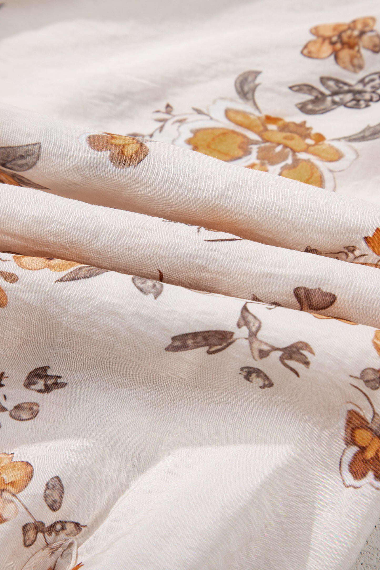 Apricot Floral Printed Silky Button Up Long Sleeve Shirt