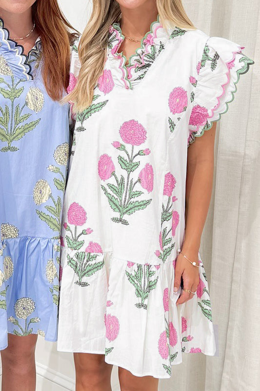 White Wild Floral Print Scalloped Embroidery Trim V Neck Drop Waist Mini Dress