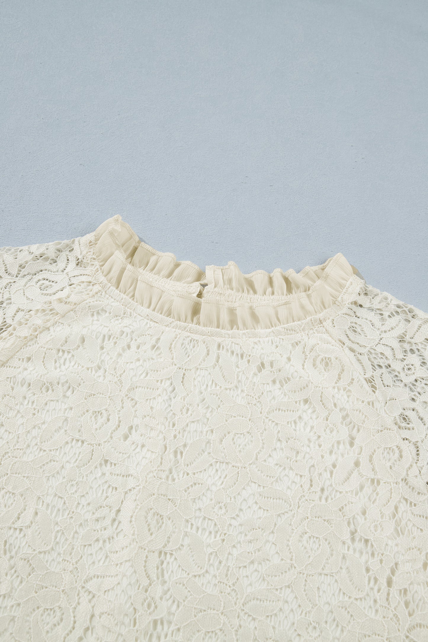 White Sheer Lace Long Sleeve Ruffle Trim Loose Blouse