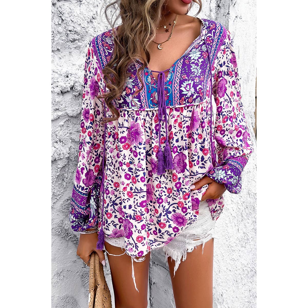 All Over Floral Print Cross Deep V Boho Top - MVTFASHION.COM