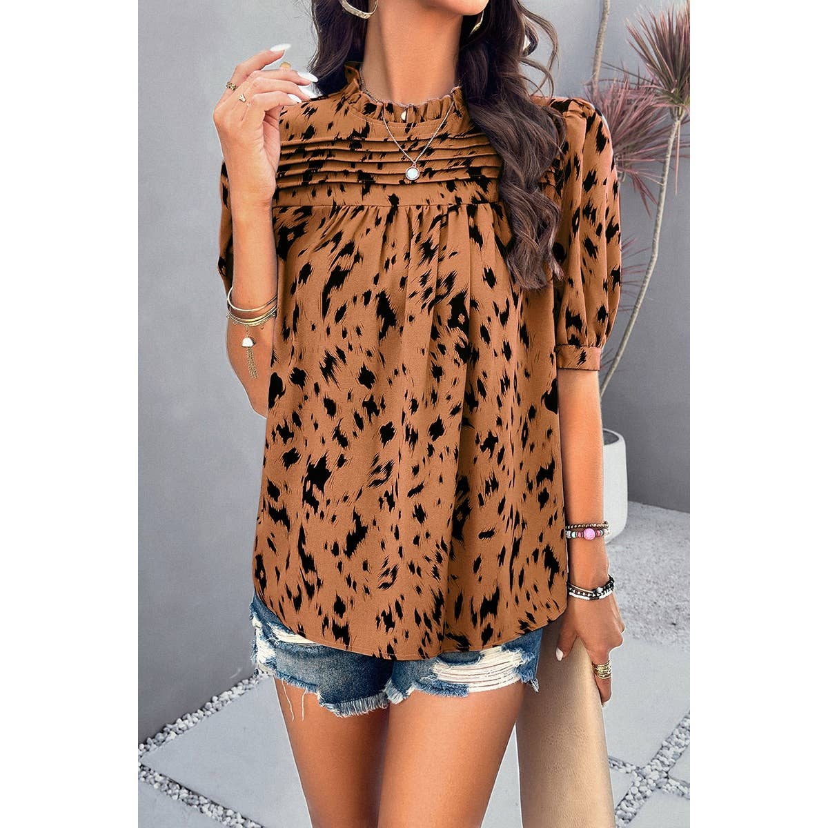 Allover Print Puff Sleeves Ruched Loose Blouse