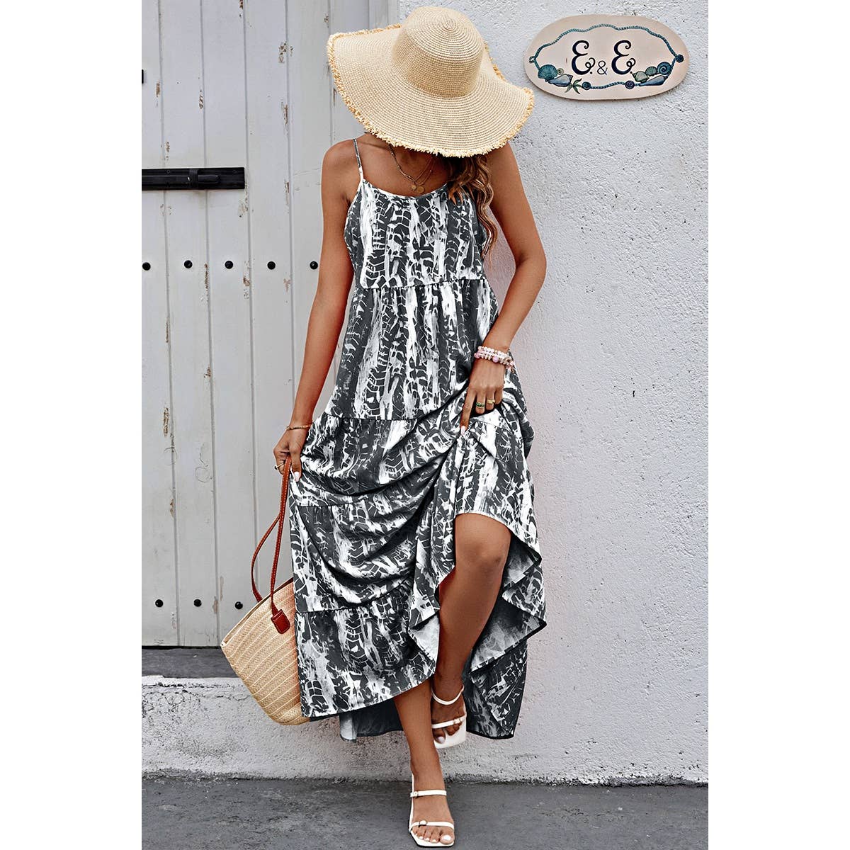 Allover Print Sleeveless Pockets Color Block Dress