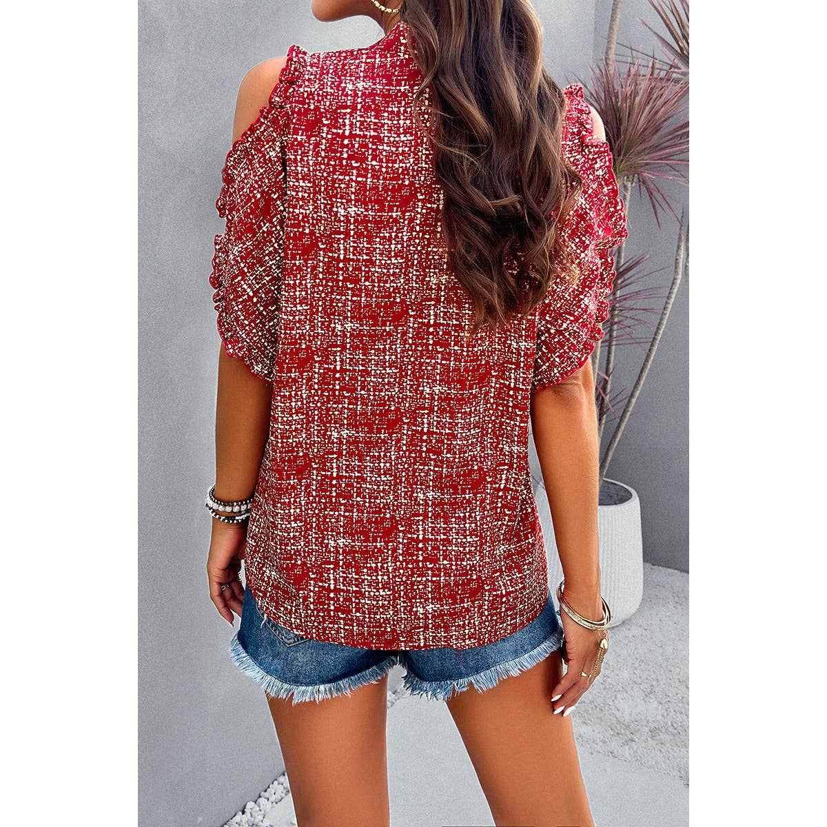 Allover Print V Neck Ruffle Open Sleeves Top