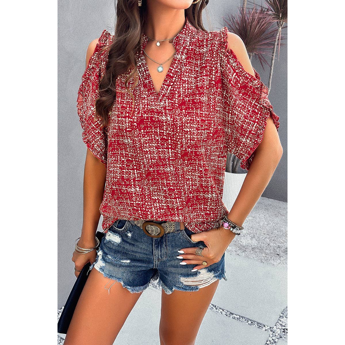 Allover Print V Neck Ruffle Open Sleeves Top