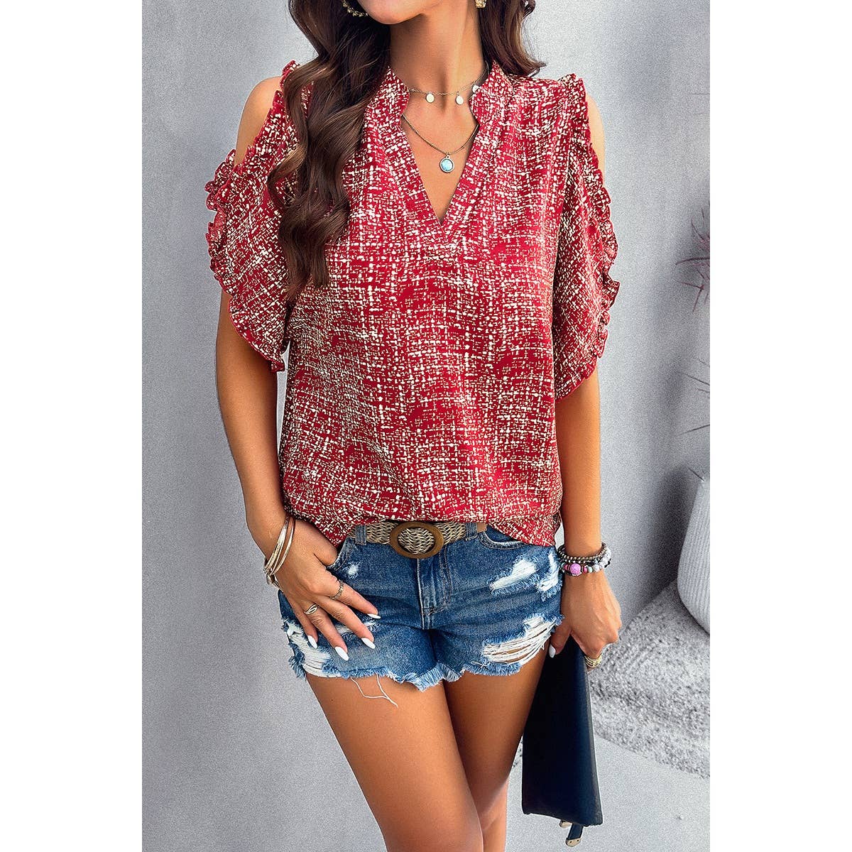 Allover Print V Neck Ruffle Open Sleeves Top