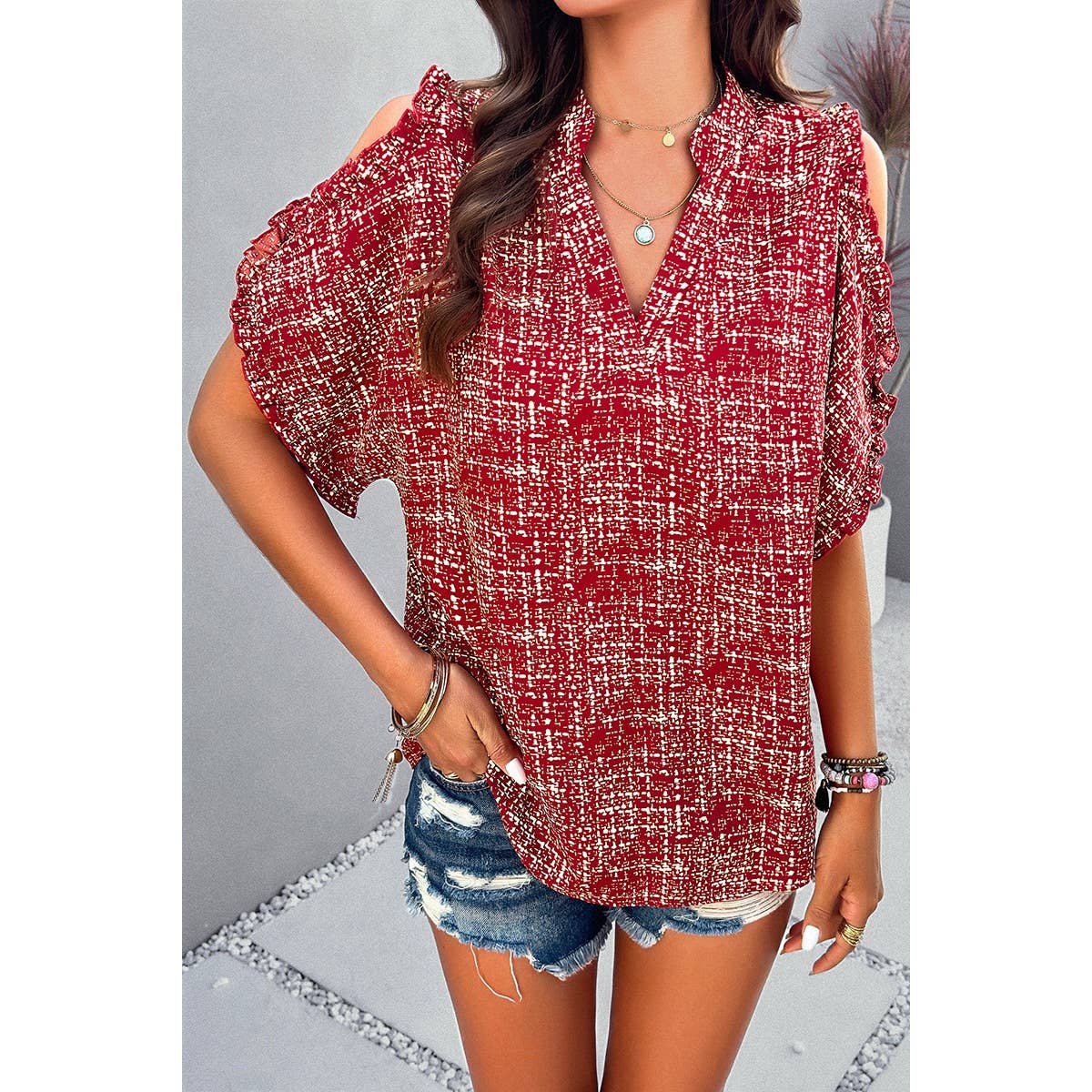 Allover Print V Neck Ruffle Open Sleeves Top